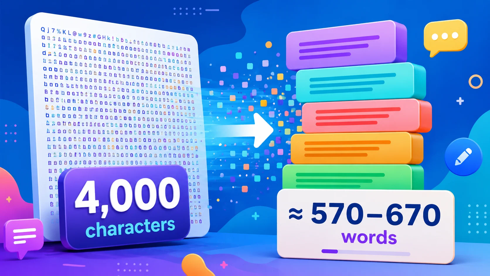 Visual guide showing 4000 characters converting into about 570 to 670 words
