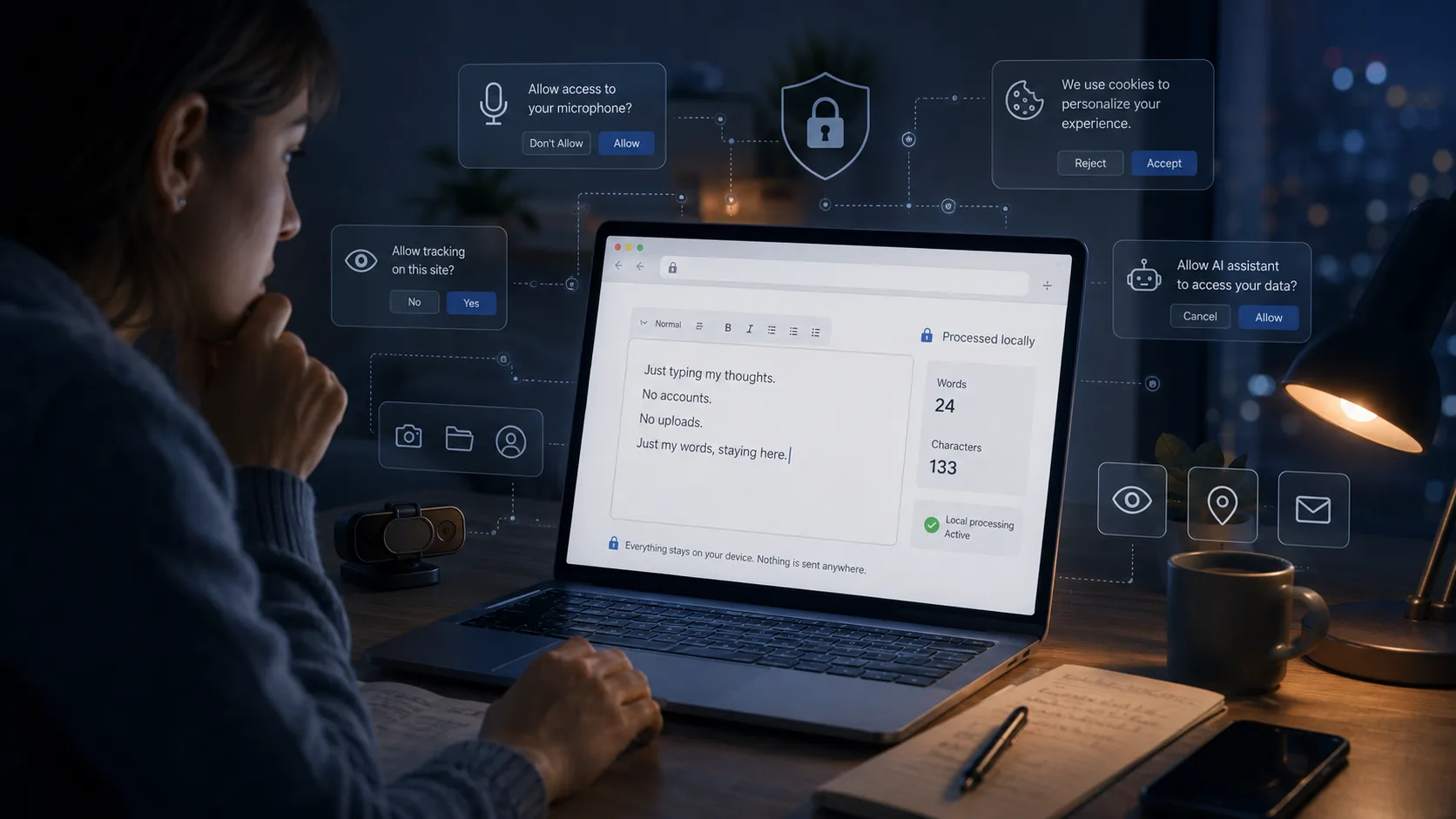 Browser window with a padlock icon, showing text being processed locally