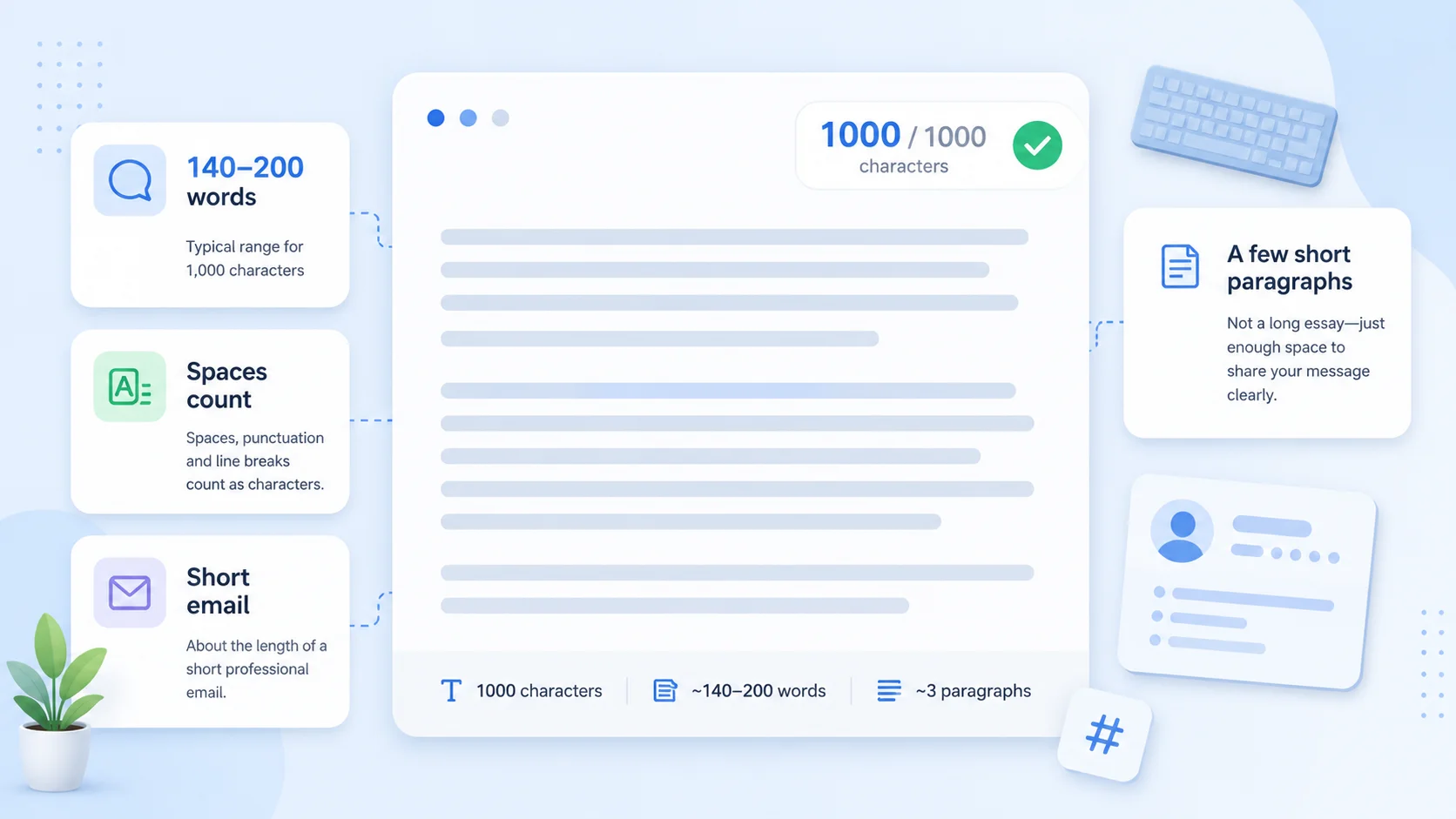 Visual example of what 1000 characters looks like with a character counter, word estimate, spaces count, and short paragraph preview